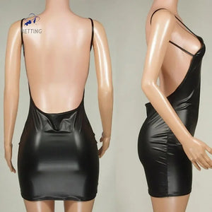 Sexy Glossy Faux Leather Dress Backless